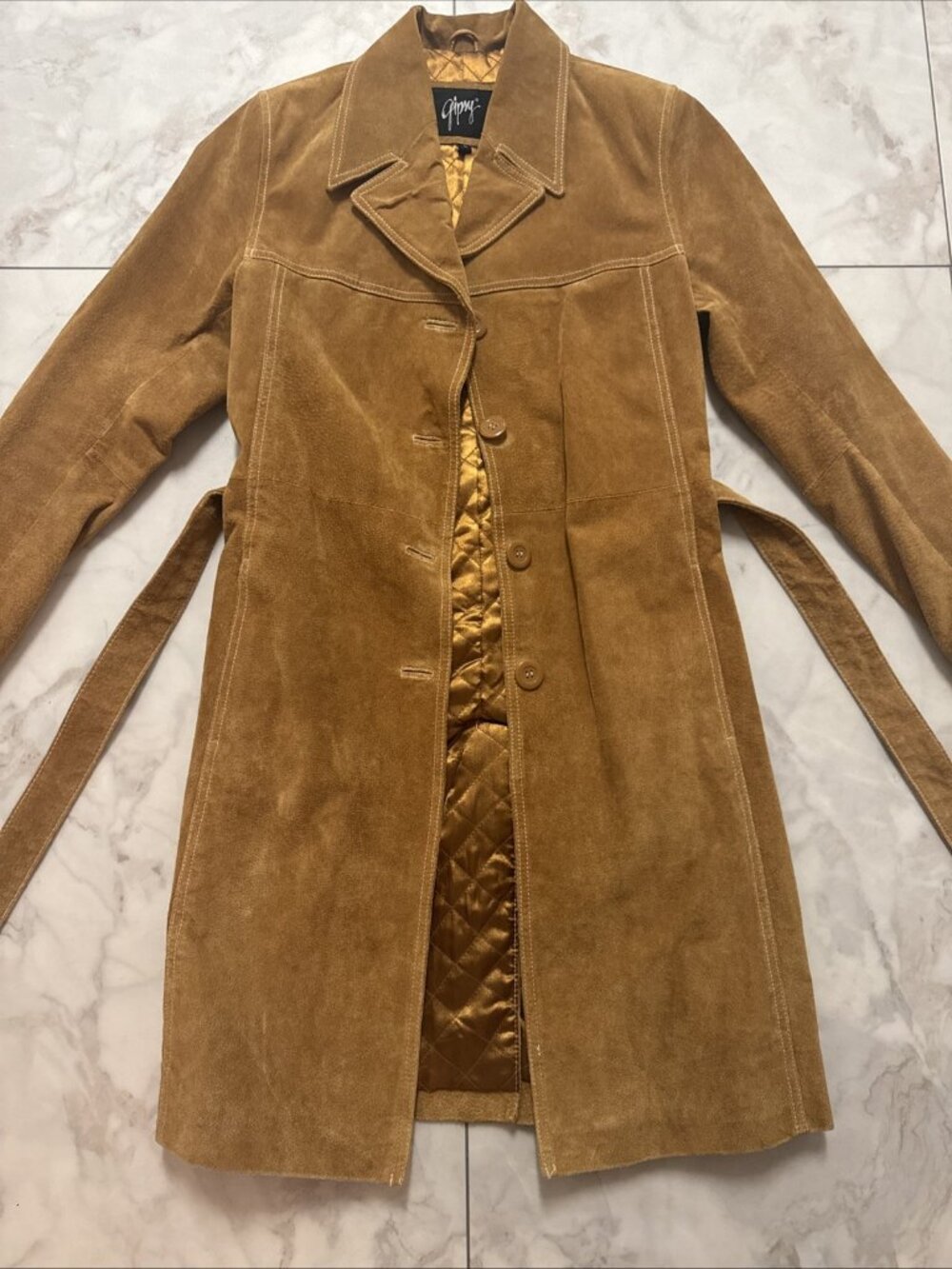 Vintage Suede Leather Trench Coat Womens Small Camel Brown Long Belted Lined